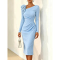 Shipped. european and american cross-border solid color floral embellished ruched waist long sleeve dress, evening gown