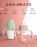 Manufacturer's wide-mouth glass baby bottles for newborns and older babies, featuring straw, anti-colic design, private label, and oem export options