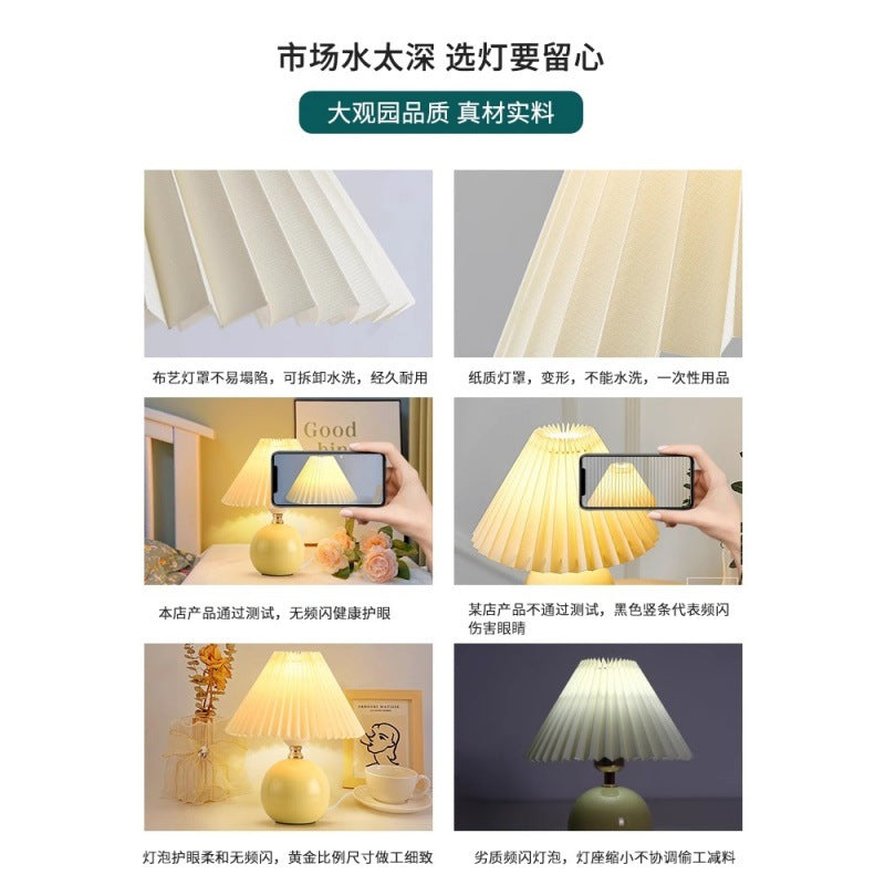 Table lamp bedside lamp pleated girl bedroom night lamp Nordic Internet celebrity ins decorative ceramic atmosphere lamp 1