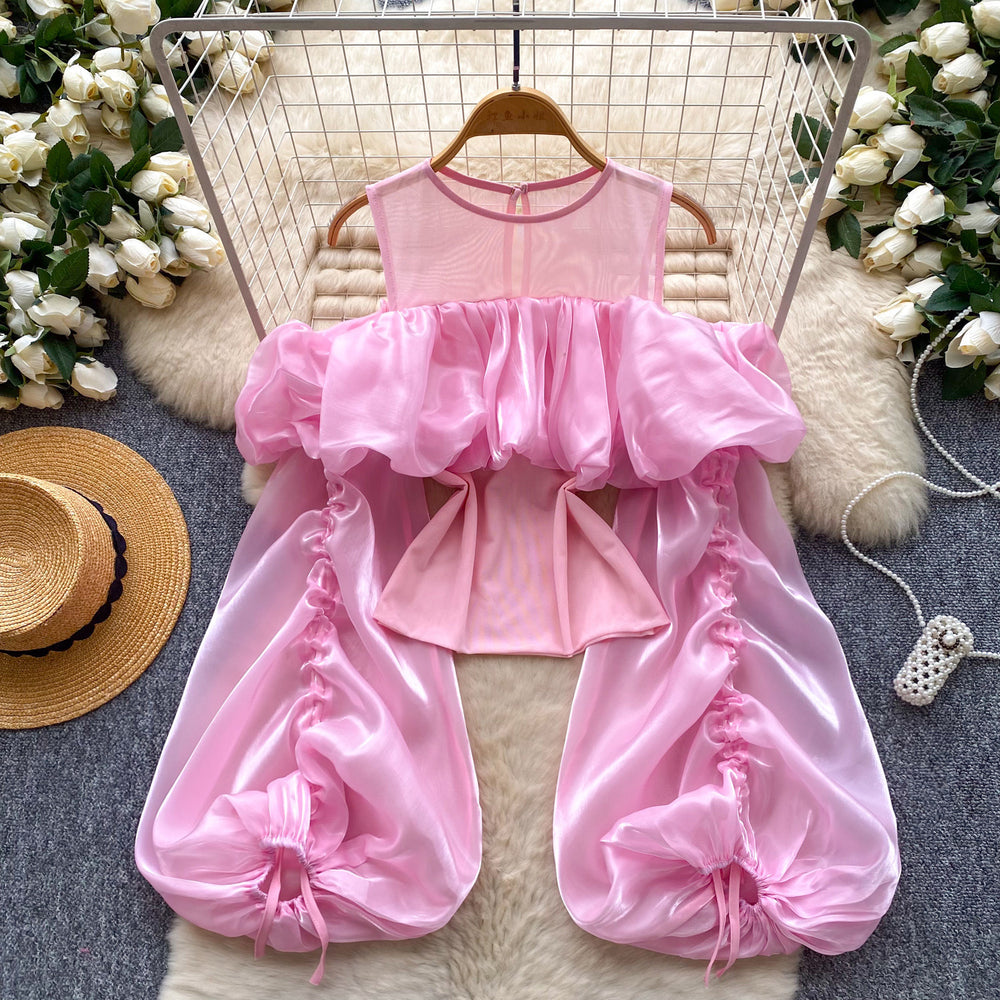 K-style off-shoulder satin gaoze puff sleeve shirt for women springsense of design pleatedtops to cover the flesheasiest for matchwork clothing