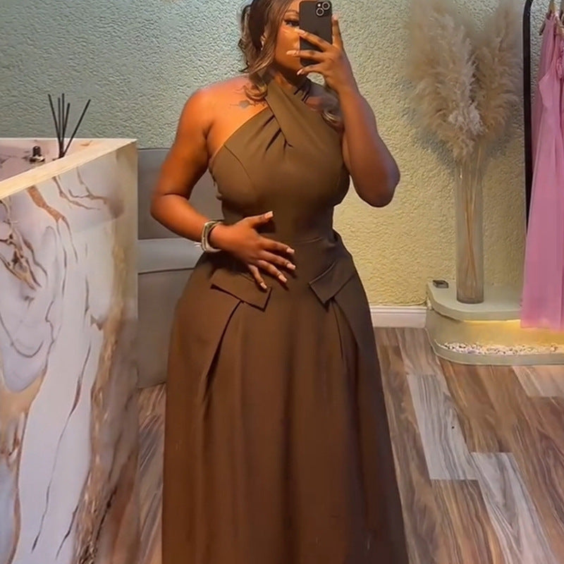 European and american cross-border women's fashion  summer new arrival: elegant and sexy halter neck slim-fit high-waisted sleeveless maxi dress