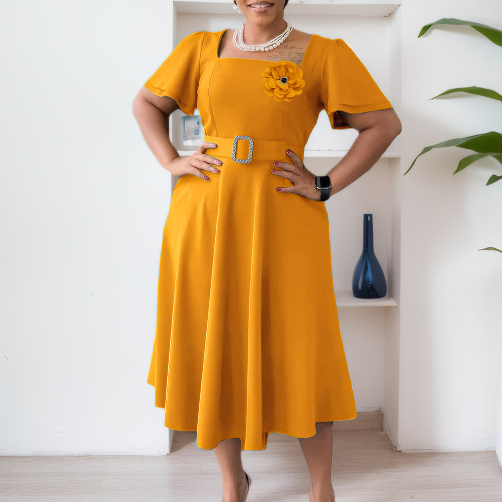 D568export women's clothing cross-border  summer women's new fashion square collar pure color high waist large skirt african dress