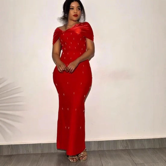 Export supply one shoulder silm beading silm sexy long skirt african women's clothing fashiondress