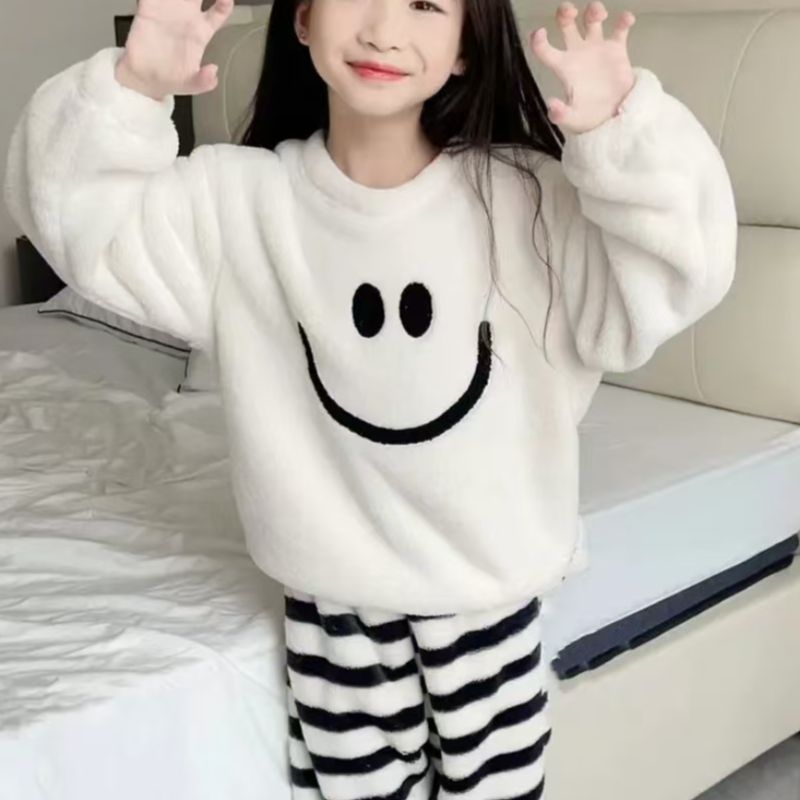 Children's fall and winterthickenedheattech velvet pajamas set for girls sweet baby boyfleece-lined