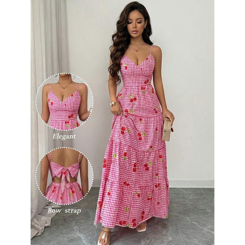 Women's summer new fashion elegant plaid bow tie cinched waist tiered maxi slip dress