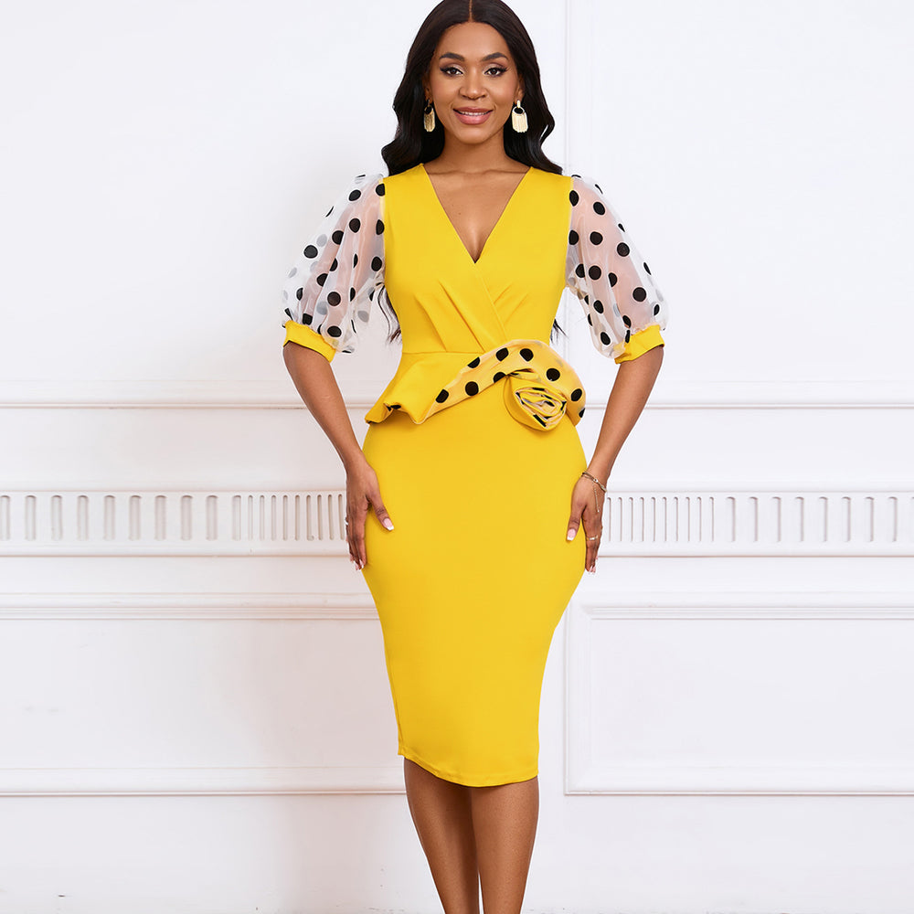 D502  summer new arrival mesh flocked puff sleeve v-neck fashionable elegant bodycon foreign trade dress