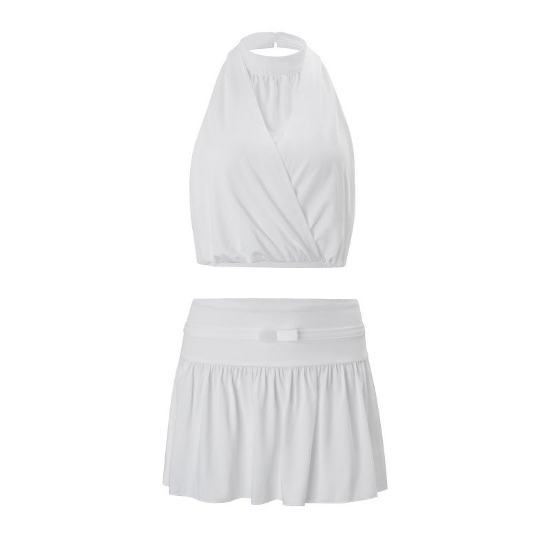 European and american style women's summer  new arrival: high neck sleeveless halter crop top with slim-fit a-line skirt set