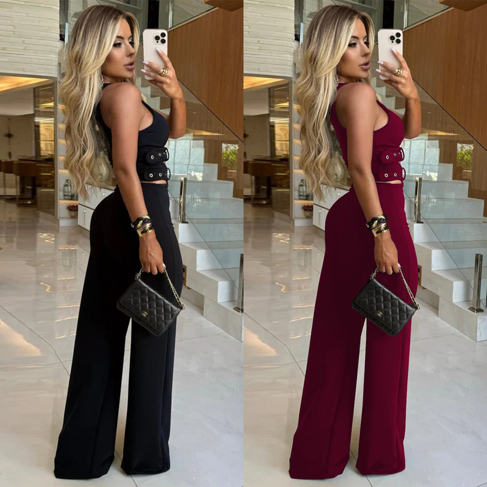 C7499 cross-border   fashion women's v-neck decorative buckle belt top and pants set