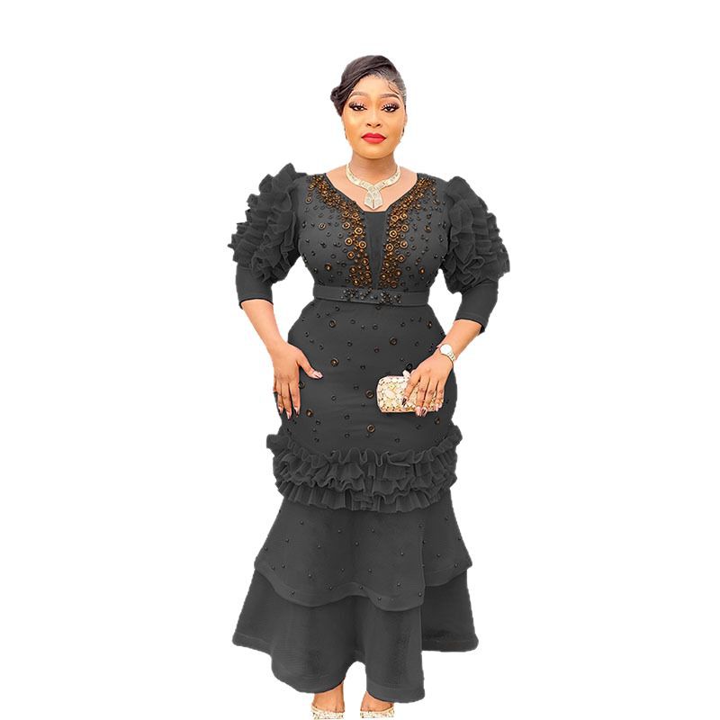 supply of african women's clothing puff sleeve v neck silm hot diamond beaded waist fishtail dress long skirt