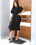 Export women's clothing  summer cross-border plus size bell sleeve round neck slit hip cover professional skirt african dress