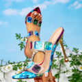 New women's fashion slippers: bright color chunky heel, versatile sandals, color block pointed toe high heels, export cross-border women's high heels
