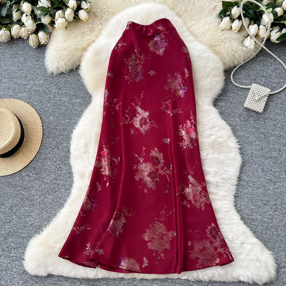 Lightly mature style classy sense hot stamping printing fishtail skirt for women 2025 summer high waistslimming look satin hip mid-length skirt