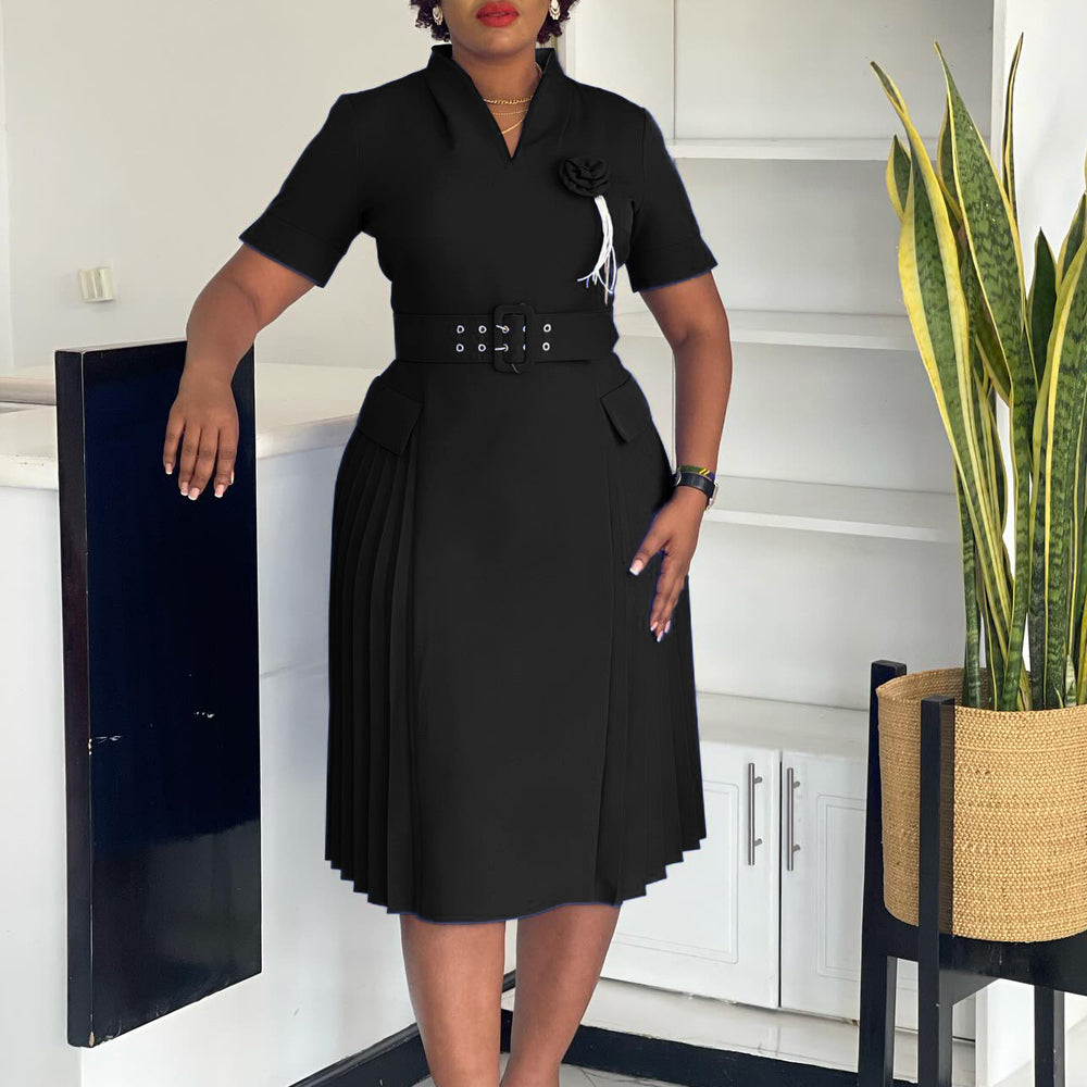 D584  foreign trade women's new fashion elegant v-neck solid color plus size pleated high waist african dress