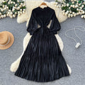 Frenchretro lantern sleeve pleateddress women's waist slimming lookk-style a-line long skirt lady style layered long skirt