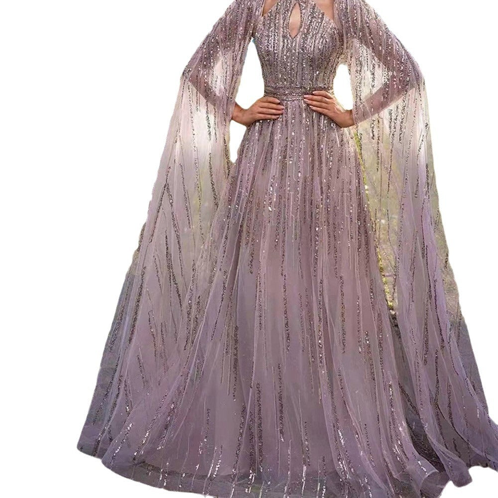 new spring/summer cross-border fashion: european and american style elegant mesh maxi dress with tassel and sequin evening gown