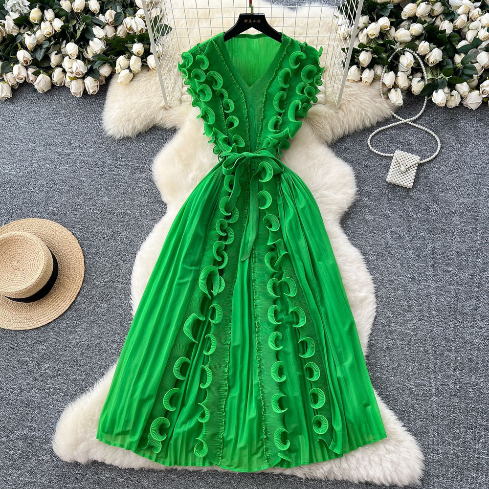 Miya pleated dress women's  summer european and american fashion 3d lace tie waist sleeveless pleated maxi dress