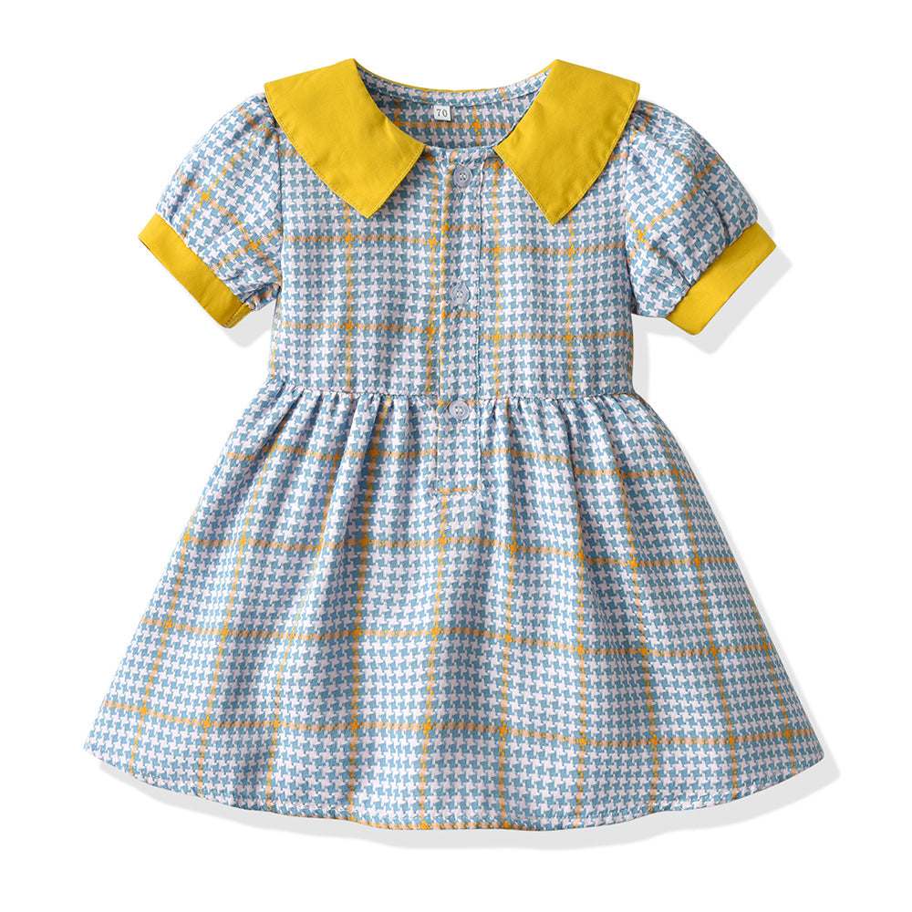 Girls' vintage cotton plaid dress - french collar, kids' & baby summer  new arrival, short sleeve princess dress