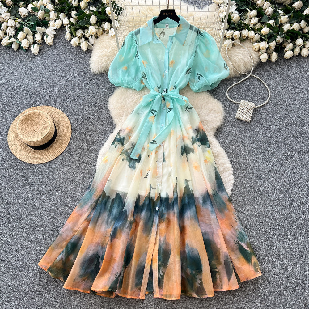 Light mature style tie-dye gradient printingshirt skirt women's summer lapel lantern sleeve tie back waist a-line long skirtelegant