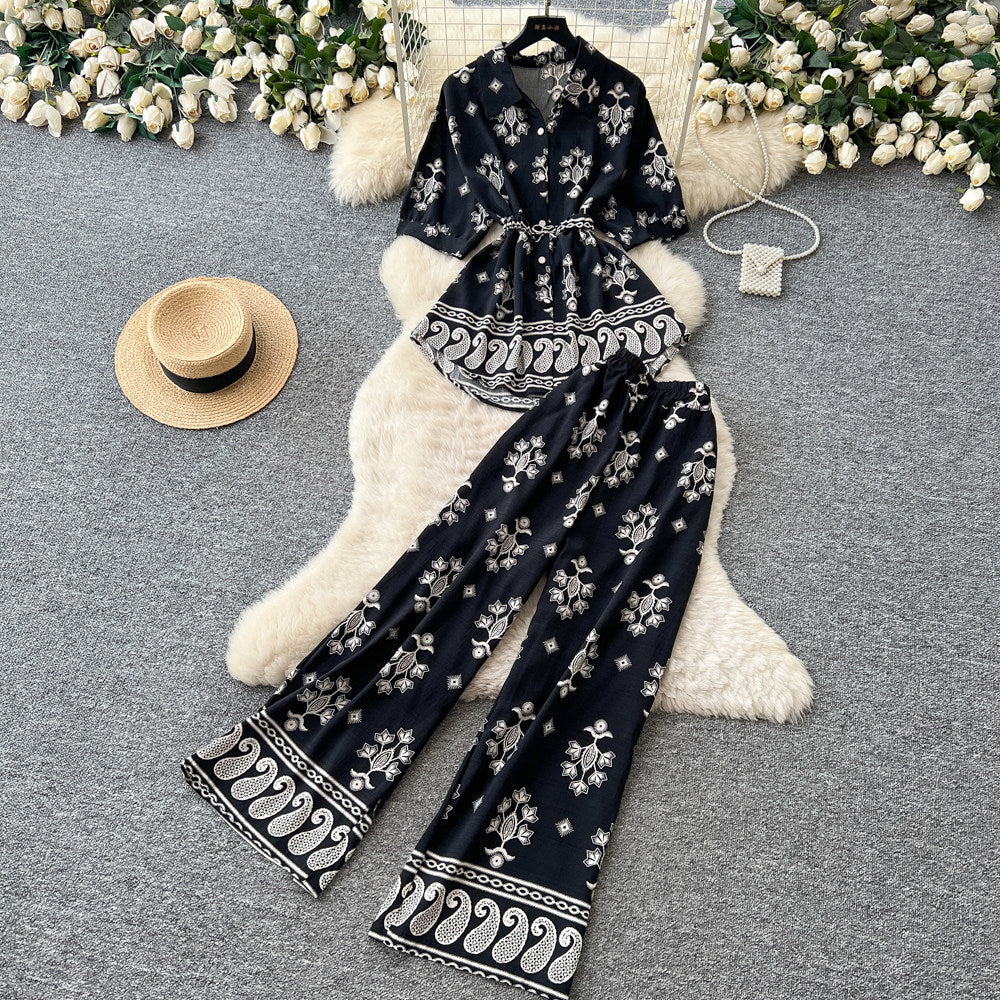 Commuting style printing lapel casualtwo-piece set women's summerretrolong sleeves waist slimming lookeasiest for matchelegantsuit