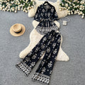 Commuting style printing lapel casualtwo-piece set women's summerretrolong sleeves waist slimming lookeasiest for matchelegantsuit