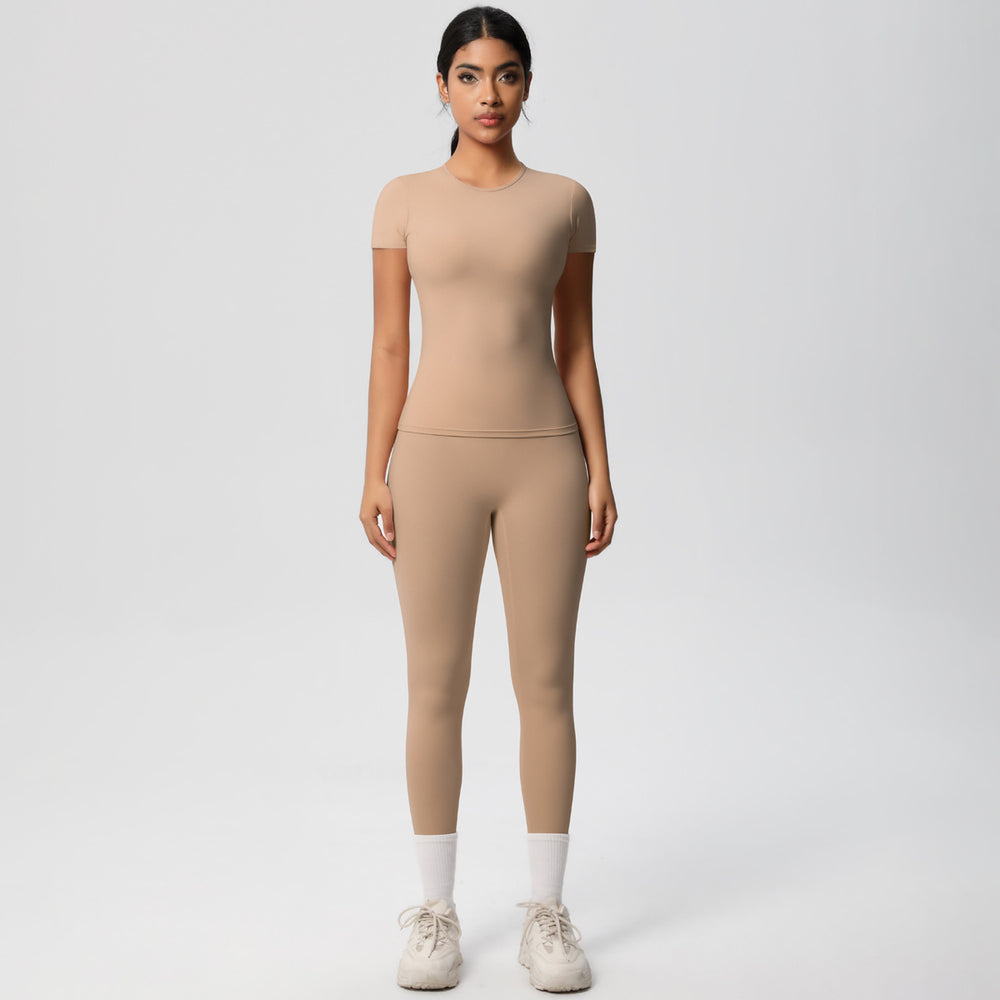 European and american nude feel compression quick-dry short sleeve yoga set - high waist, butt-lifting, outdoor training, running, and fitness activewear