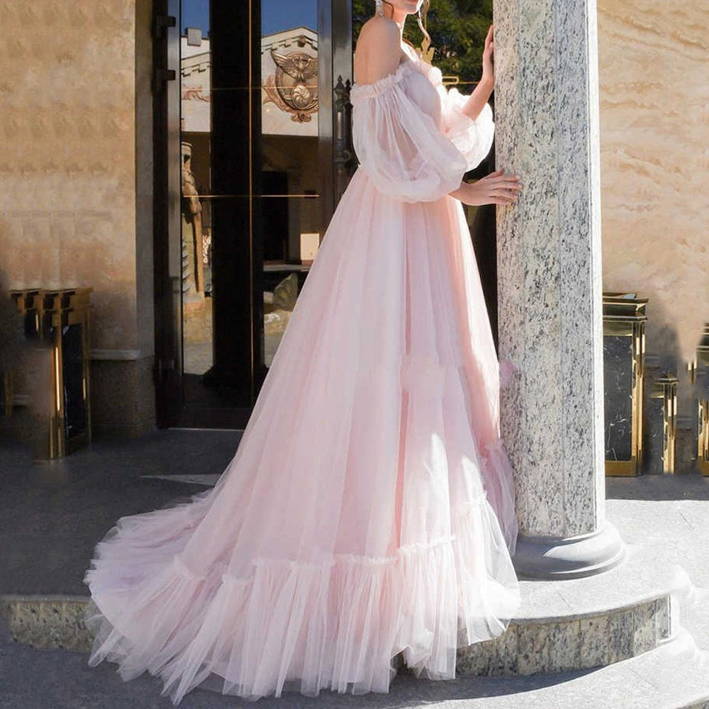 2025 new european and american style women's fashion wish one-shoulder mesh long wedding dress gown with full skirt