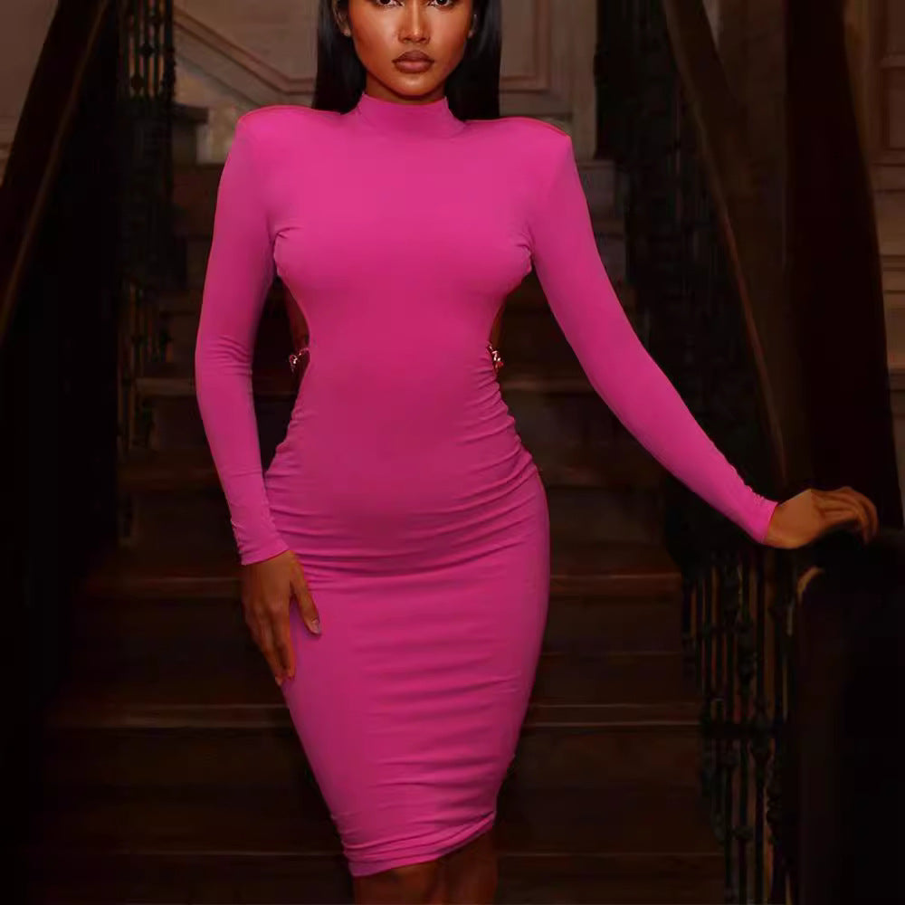 European and american cross-border fashion sexy women's clothing:  summer new solid color backless chain detail bodycon mini dress