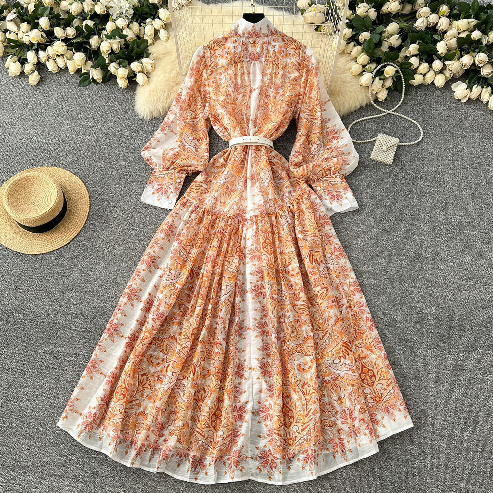 early spring resort style stand collar lantern sleeve printed single-breasted cinched waist dress - women's pleated elegant maxi dress