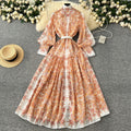 early spring resort style stand collar lantern sleeve printed single-breasted cinched waist dress - women's pleated elegant maxi dress