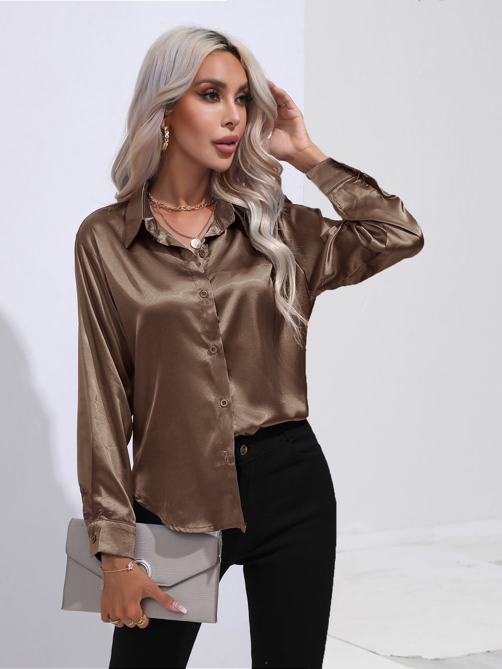Hot-selling real shot: women's satin shirt - faux silk long sleeve blouse, new spring/summer collection, european & american cross-border women's fashion