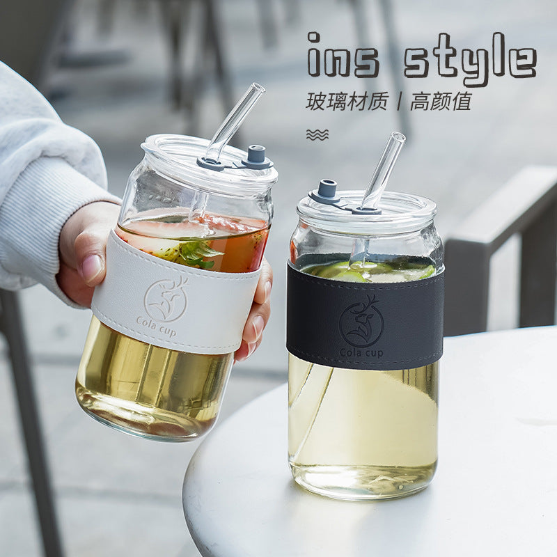 Amazon cross-border coke cup with straw, bamboo lid, juice cold drink cup, ins style glass water cup, personalized