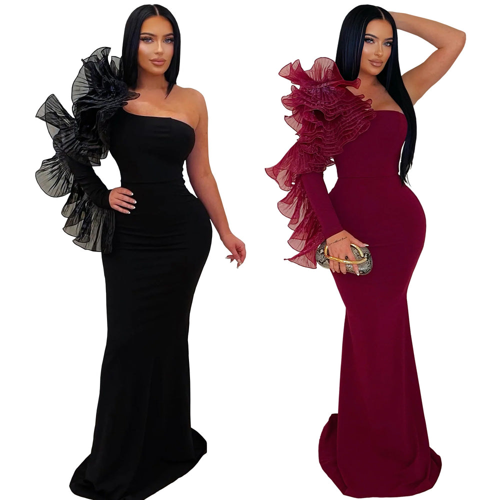 C7610 cross-border   fashion women's elegant single lace sleeve slim-fit dress