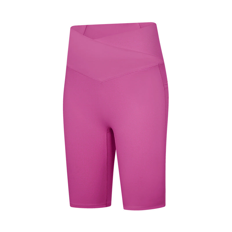 European and american style cross-waist athletic leggings for women, double side pockets, seamless (no t-line), high-elasticity, butt-lifting, 5-inch yoga pants dk197