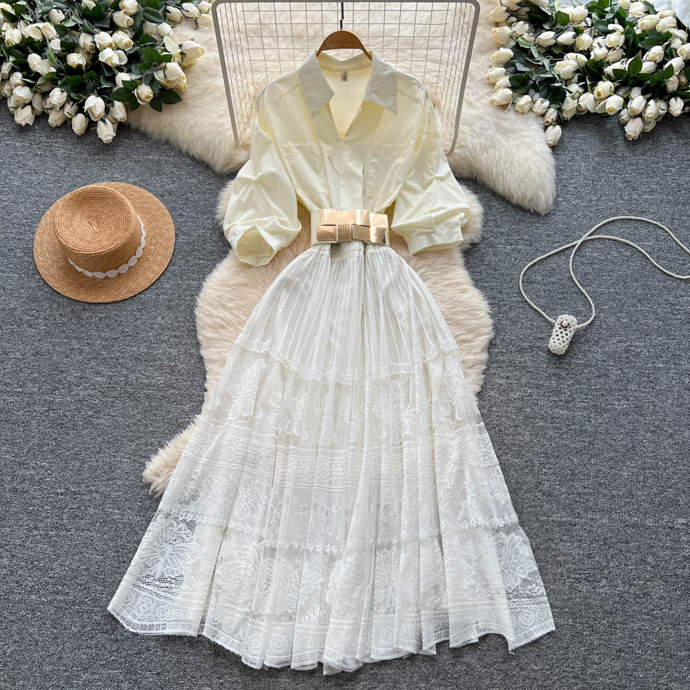 French chic lantern sleeve patchwork midi dress with embroidered mesh detail - summer luxury women's dress