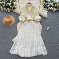 French chic lantern sleeve patchwork midi dress with embroidered mesh detail - summer luxury women's dress
