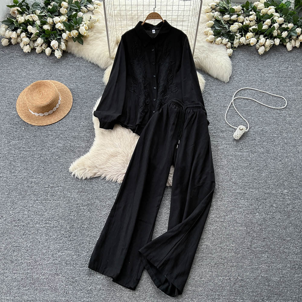 Lazy style casualfashion heavy industry embroiderlooselong sleevesshirt women's high waistslimming lookloose pantsautumsuit