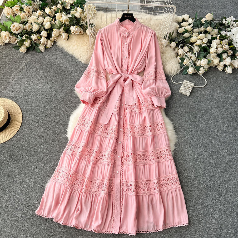 Frenchretrolacepatchwork lantern long sleevesdress women's tie back waist single breasted large swing palace style long skirt