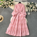 Frenchretrolacepatchwork lantern long sleevesdress women's tie back waist single breasted large swing palace style long skirt