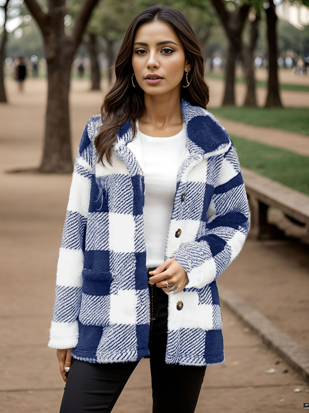 European and american plush women's clothing 2023 new amazon long-sleeved plaid button-down pocketed loose-fit mid-length coat