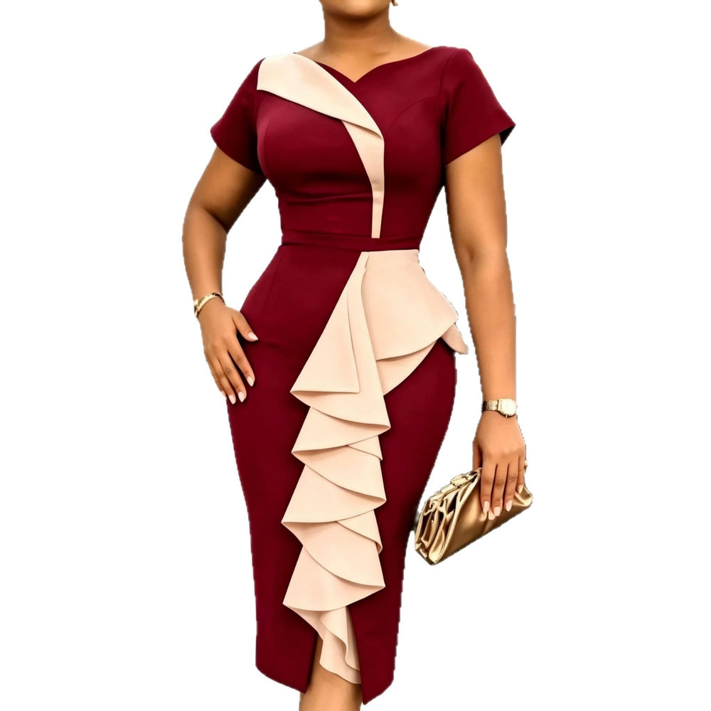 New arrival cross-border ruffles one-step skirt silm color matching work clothing hip-covering short-sleeved dresswoman dresses