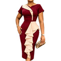 New arrival cross-border ruffles one-step skirt silm color matching work clothing hip-covering short-sleeved dresswoman dresses