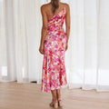 european and american women's fashion printed asymmetrical neck ruffle hem summer dress - custom design and manufacturing available