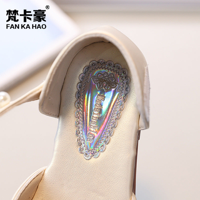 Vancahao niche design girls' rhinestone princess shoes,  spring/autumn new collection, kids' fashion pearl-embellished closed-toe sandals