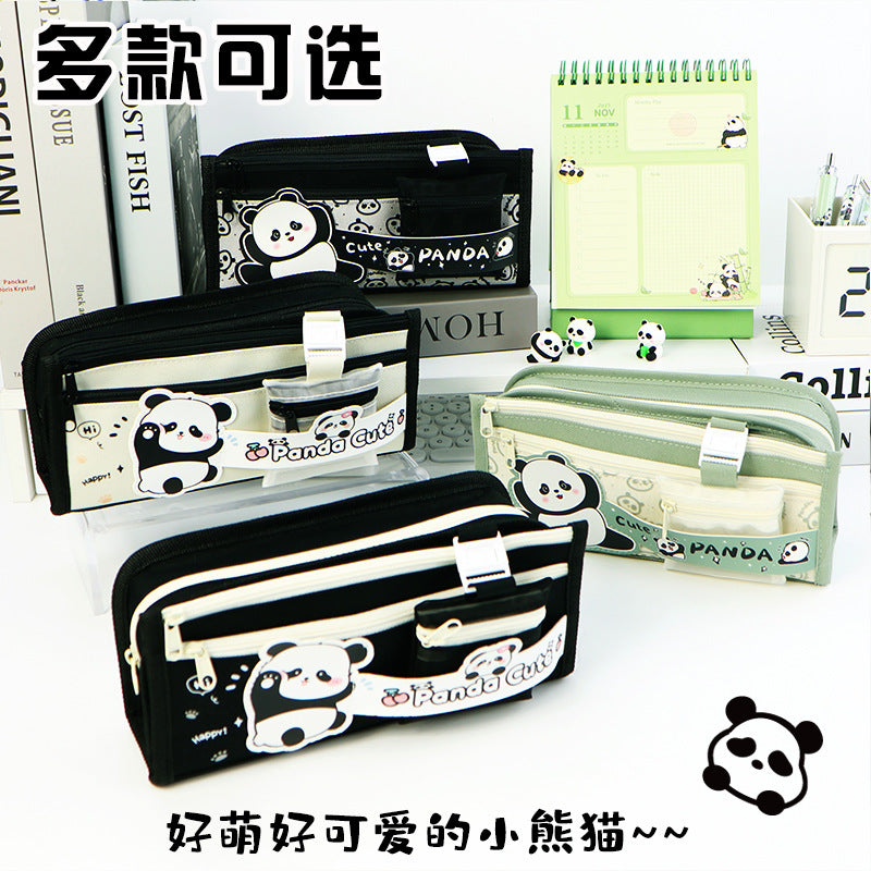 Cross-border panda pencil bag large capacity ins high value cute pencil case multi-layer stationery box primary school students stationery bag