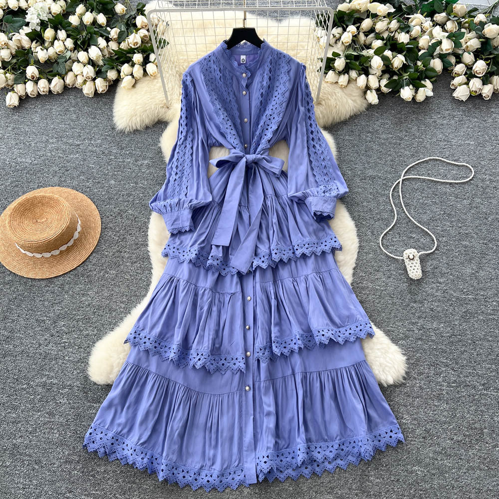 Frenchclassyretrolacepatchwork lantern sleeve dress women's autum strap waist slimming lookelegance long dress