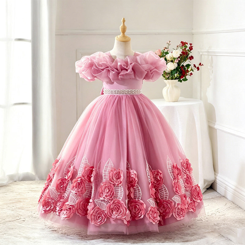 Girls' formal dress with 3d floral skirt - perfect for cross-border e-commerce, kids' princess dress, birthday parties, piano recitals, and runway shows