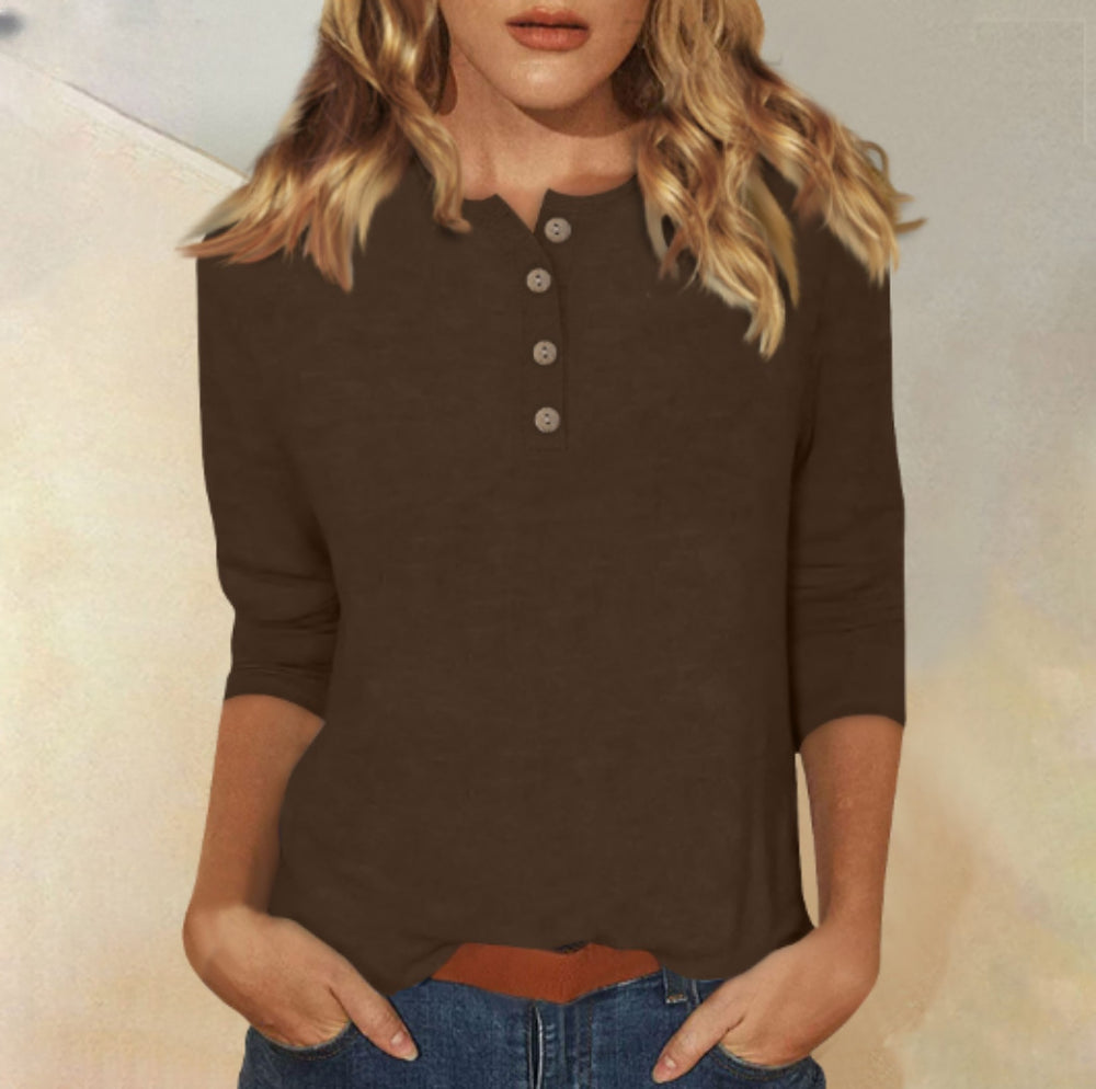 cross-border  women's fashion casual three-quarter sleeve solid color button-down crew neck t-shirt top