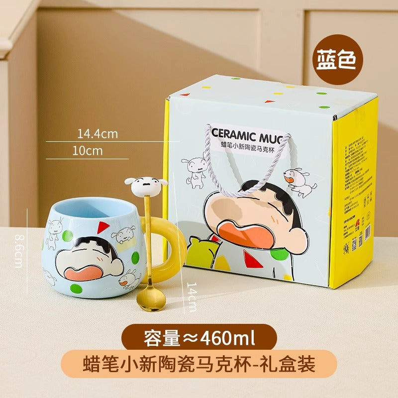 Crayon small new big belly mug with spoon gift box ceramic cup cute cartoon water cup high value coffee cup