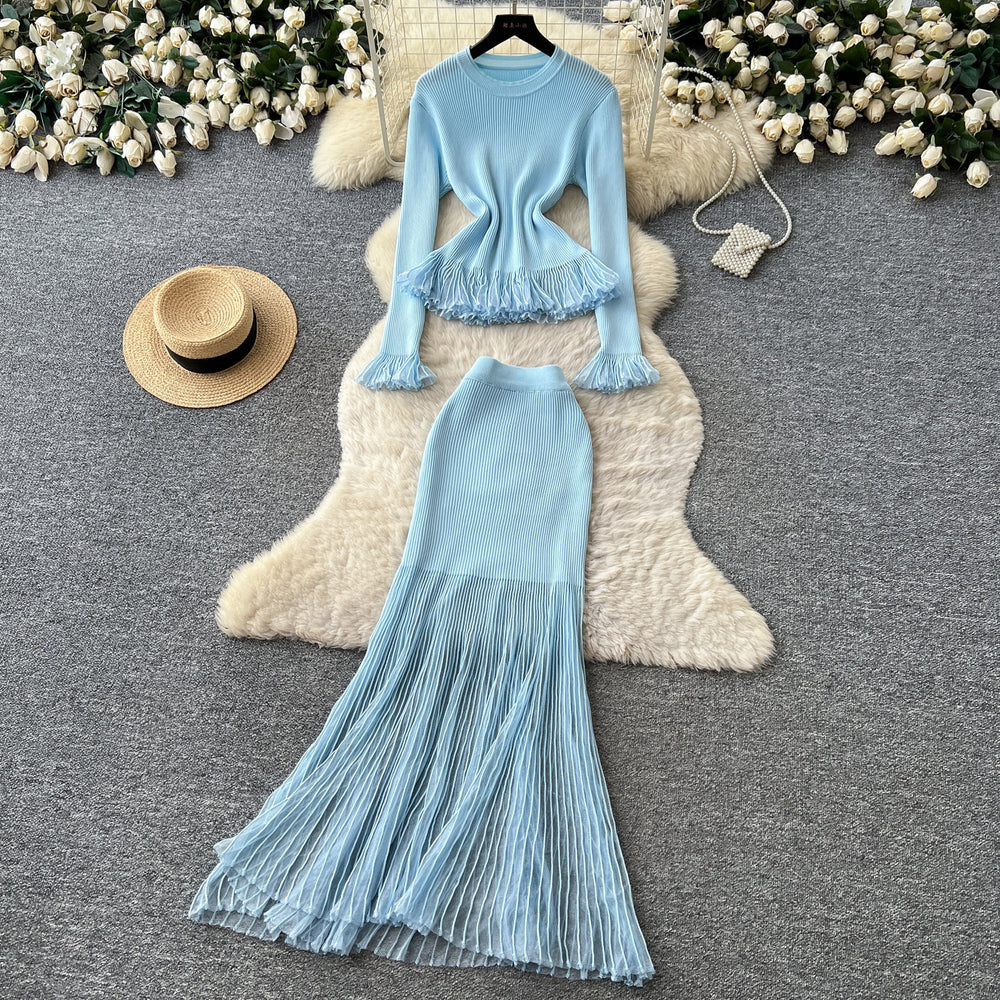 Lightly mature eleganceknittingrufflestops hip skirt two-piece set female autum silmwork clothingelegantsuit