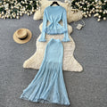 Lightly mature eleganceknittingrufflestops hip skirt two-piece set female autum silmwork clothingelegantsuit